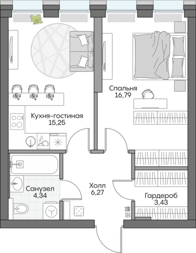 Планировка однокомнатная № 190 Дома INSIDER