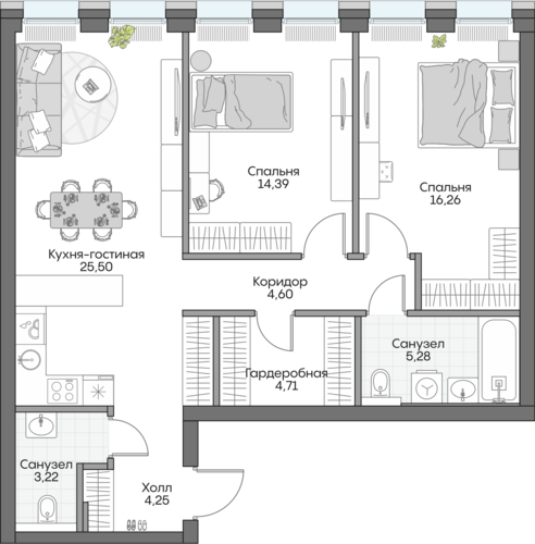 Планировка двухкомнатная № 243 Дома INSIDER
