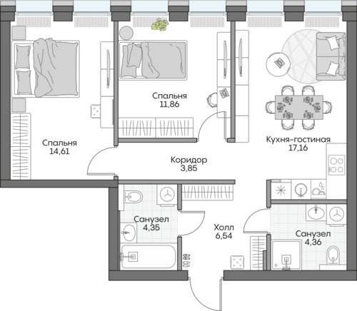 Планировка двухкомнатная № 245 Дома INSIDER