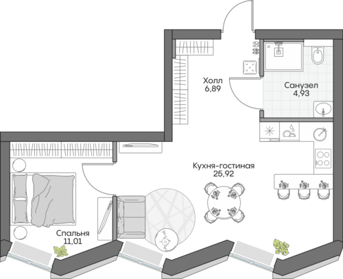 Планировка однокомнатная № 264 Дома ИНСАЙДЕР