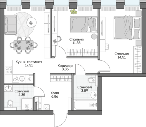Планировка двухкомнатная № 268 Дома INSIDER