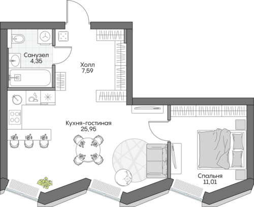 Планировка однокомнатная № 273 Дома ИНСАЙДЕР