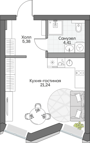 Планировка студии № 288 Дома ИНСАЙДЕР