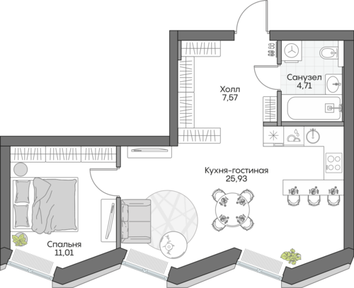 Планировка однокомнатная № 412 Дома INSIDER