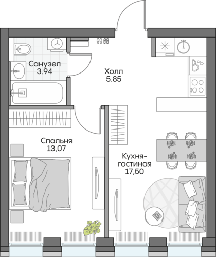 Планировка однокомнатная № 572 Дома INSIDER