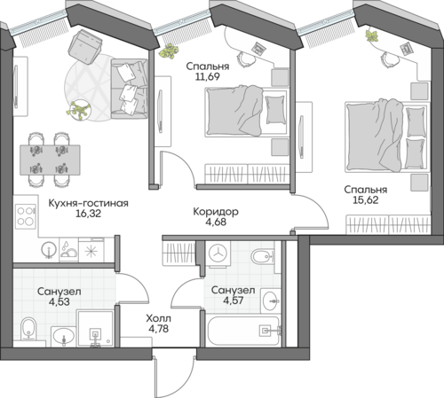 Планировка двухкомнатная № 698 Дома ИНСАЙДЕР