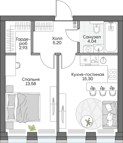 Планировка однокомнатная № 726 Дома INSIDER