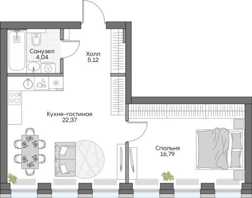 Планировка однокомнатная № 741 Дома INSIDER