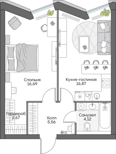 Планировка однокомнатная № 763 Дома INSIDER