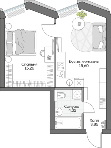 Планировка однокомнатная № 837 Дома INSIDER